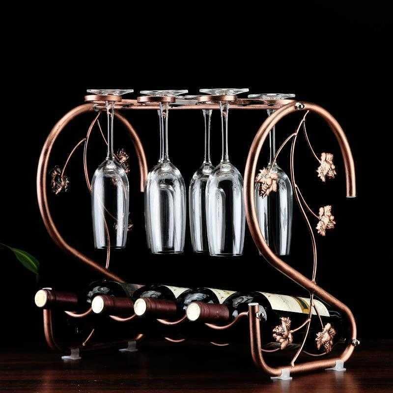 GAHOSG Countertop Wine Rack with Glass Holder Freestanding Tabletop Metal Wine Rack Storage, Holds 4 Bottles and 6 Stemware