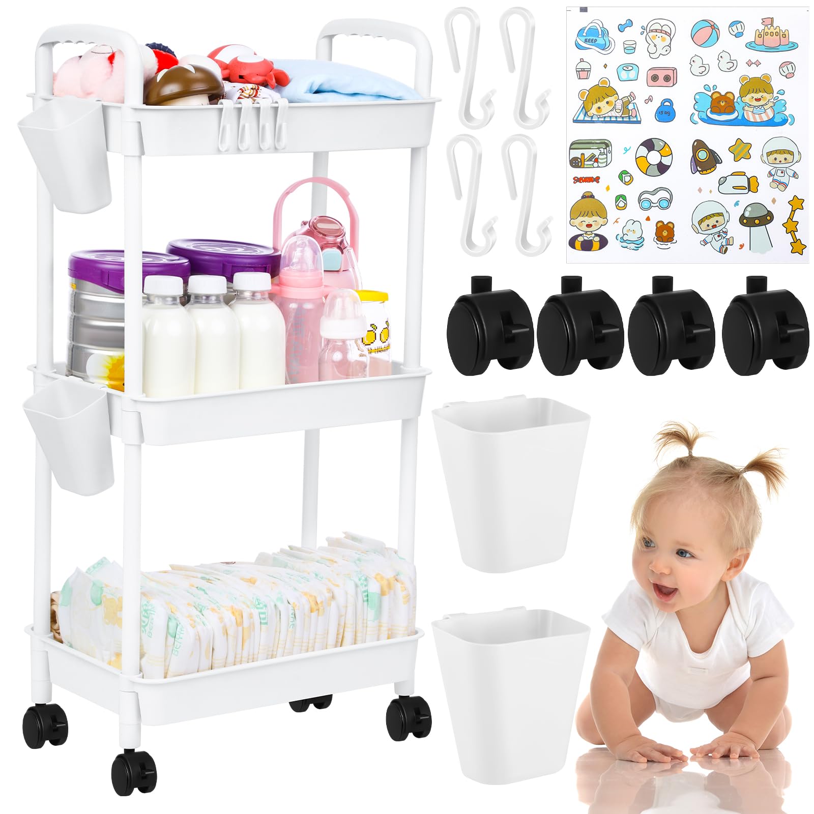 Ripeng 3 Tier Movable Baby Diaper Cart Diaper Storage Cart Newborn Storage Cart Diaper Caddy Organizer Mobile Diaper Shelving Unit Cart for Baby Nursery Cart Changing Table (White)