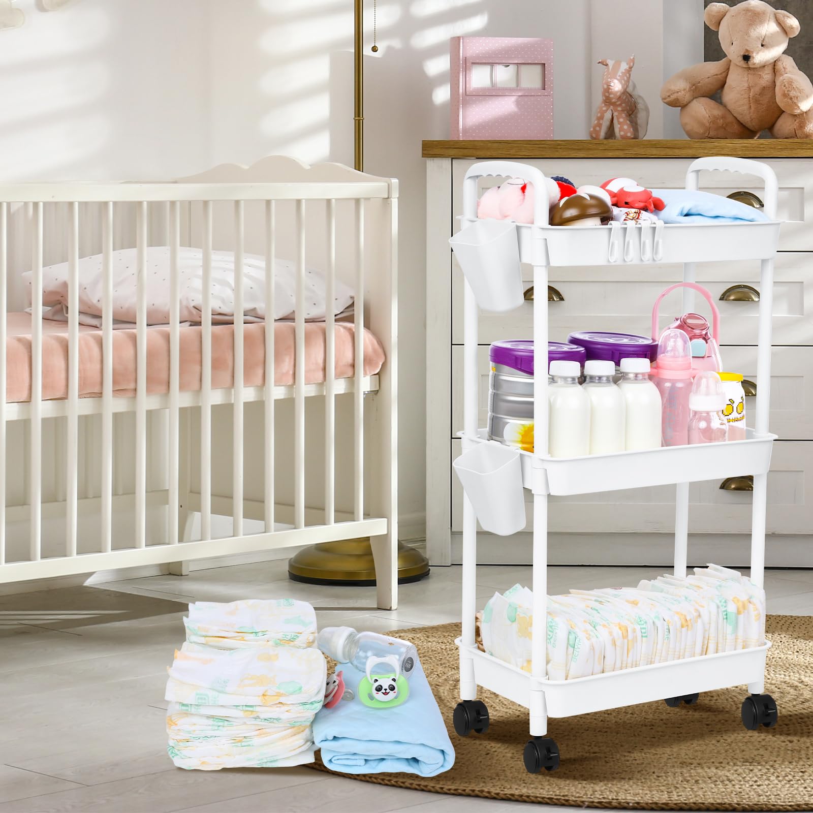 Ripeng 3 Tier Movable Baby Diaper Cart Diaper Storage Cart Newborn Storage Cart Diaper Caddy Organizer Mobile Diaper Shelving Unit Cart for Baby Nursery Cart Changing Table (White)