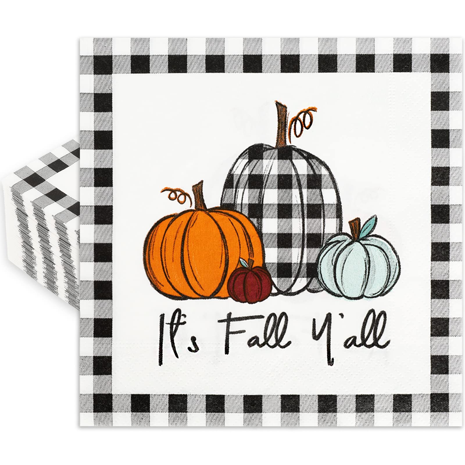 AnyDesign 80 Pack Fall Napkins 5 x 5 Inch Plaid Pumpkin Cocktail Beverage Napkins Fall Harvest Disposable Paper Napkins Dinner Napkins for Autumn Thanksgiving Party Supplies Table Decor