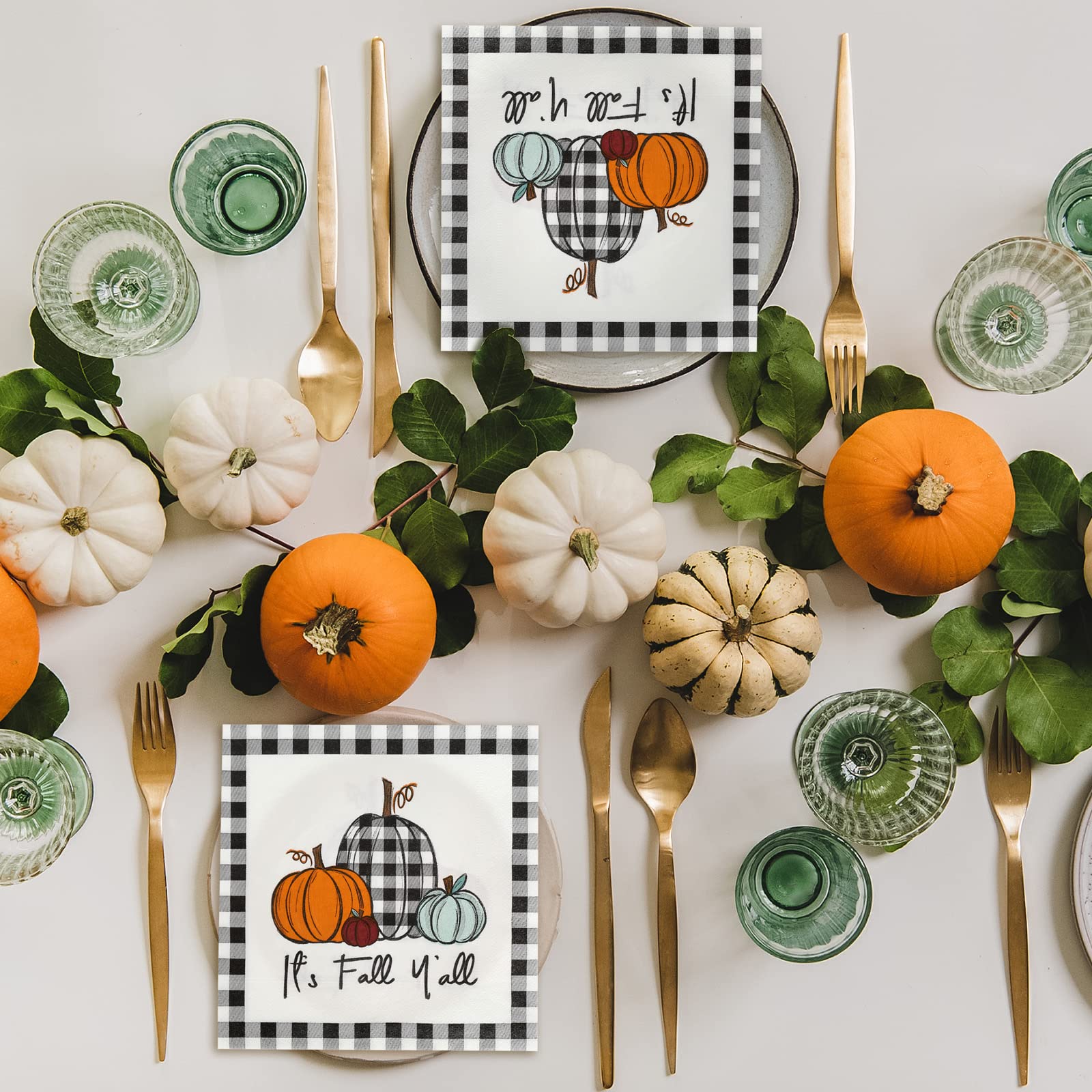 AnyDesign 80 Pack Fall Napkins 5 x 5 Inch Plaid Pumpkin Cocktail Beverage Napkins Fall Harvest Disposable Paper Napkins Dinner Napkins for Autumn Thanksgiving Party Supplies Table Decor
