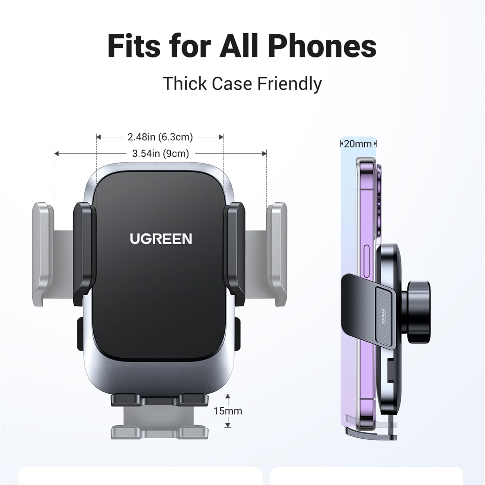 UGREEN Car Phone Holder Mount with Swing Arm Not Block Air Vent, Phone Mount for Car Wider Clamp Clip Cell Phone Holder Air Vent Compatible with iPhone 15 14 Pro Max Plus 4.7"-7.2" Smartphones