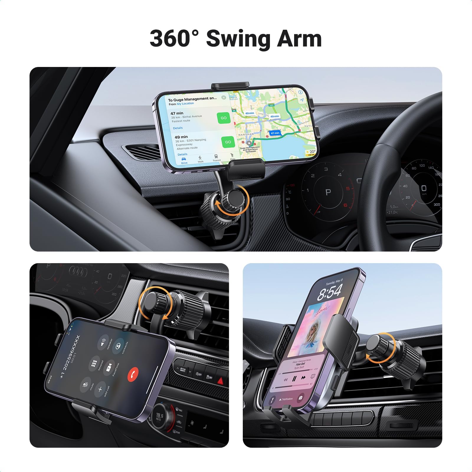 UGREEN Car Phone Holder Mount with Swing Arm Not Block Air Vent, Phone Mount for Car Wider Clamp Clip Cell Phone Holder Air Vent Compatible with iPhone 15 14 Pro Max Plus 4.7"-7.2" Smartphones