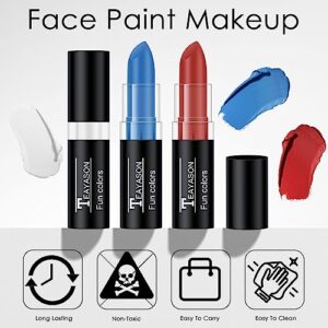 FREEORR 3 Colors Face Body Paint Stick, Blue White Red Flag Color Face Paint for Baseball/Football/Halloween Accessories Vampire/Joker/Clown Makeup Cream Face& Body Paint Easy to Blend-Blue/White/Red