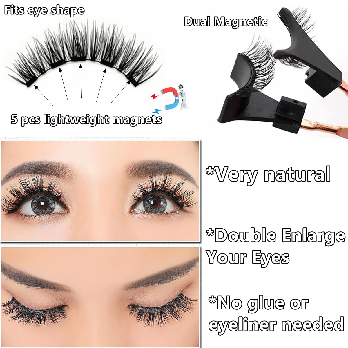 Dual Magnetic Eyelashes Natural Look, Magnets False Eyelashes No Eyeliner or Glue Needed, Reusable Magnetic Lashes 3D Extension Kit, 4 Pairs Soft Magnetic Fake Eye Lash for Women Makeup with Applicator