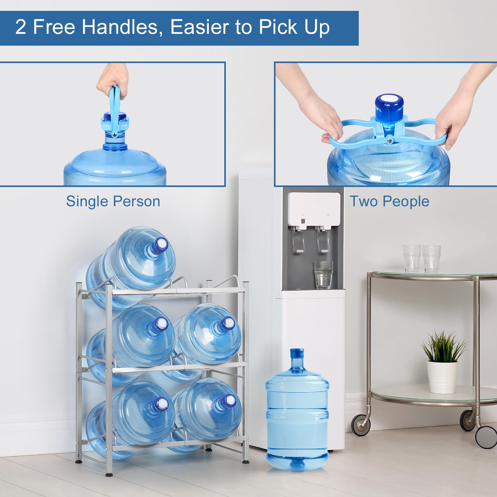 smusei 5 Gallon Water Bottle Holder 3 Tier Water Jug Holder Heavy Duty Double-Row Water Jug Stand for 6 Bottles Water Bottle Storage Rack for Small Space, Room Corner (Silver)