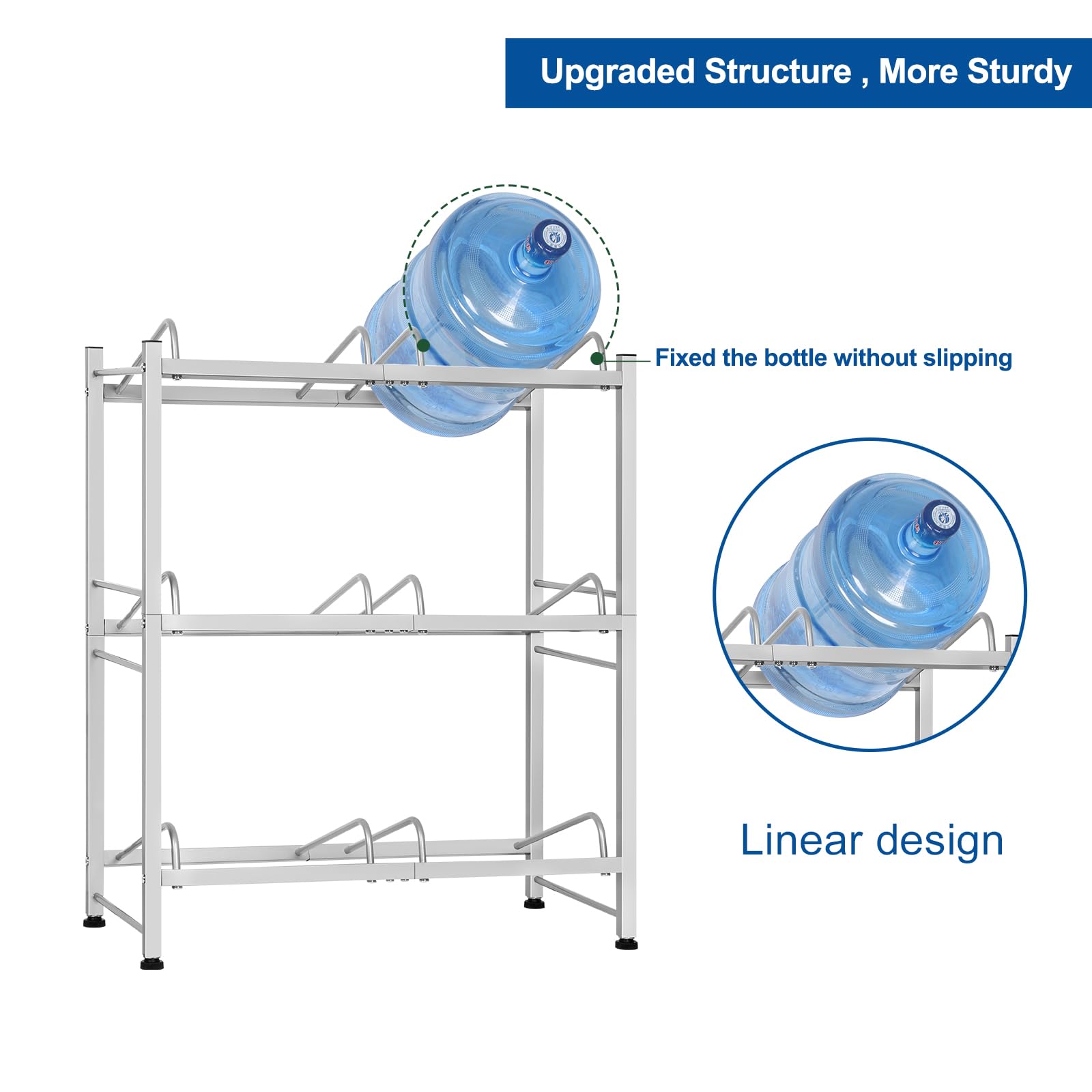 smusei 5 Gallon Water Bottle Holder 3 Tier Water Jug Holder Heavy Duty Double-Row Water Jug Stand for 6 Bottles Water Bottle Storage Rack for Small Space, Room Corner (Silver)