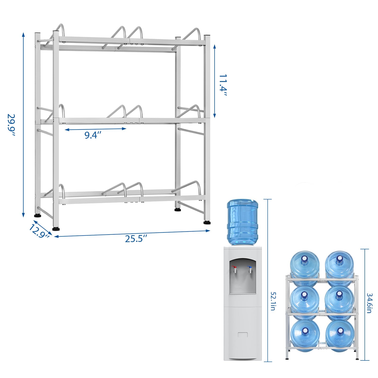 smusei 5 Gallon Water Bottle Holder 3 Tier Water Jug Holder Heavy Duty Double-Row Water Jug Stand for 6 Bottles Water Bottle Storage Rack for Small Space, Room Corner (Silver)