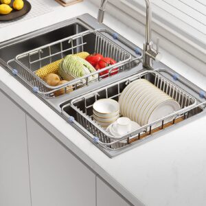 joyace expandable dish drying rack,over the sink dish drying rack,in sink or on counter dish rack basket shelf,stainless steel wire sink drainage basket,adjustable rustproof dish drainer(15''-21'')