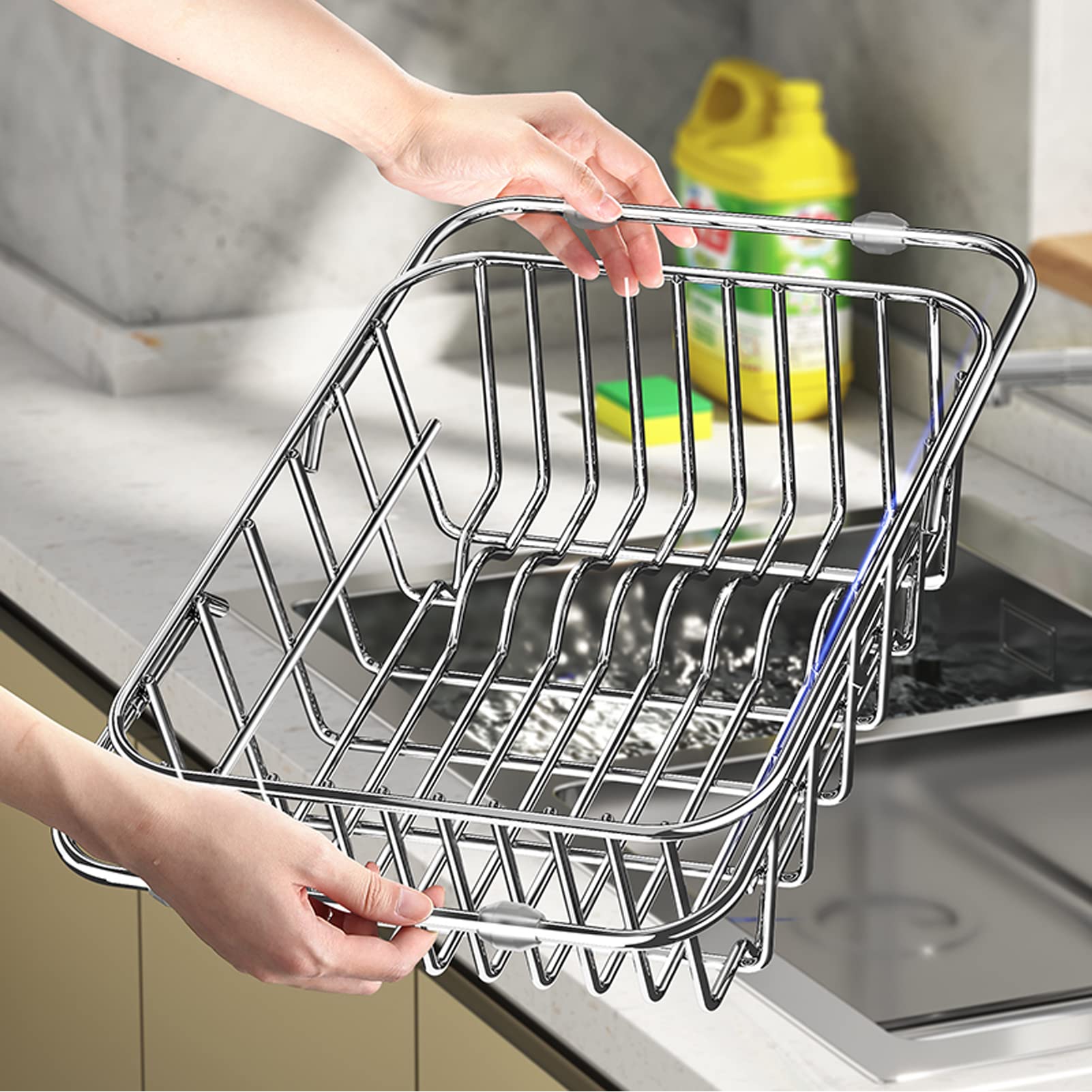 JOYACE Expandable Dish Drying Rack,Over The Sink Dish Drying Rack,in Sink Or On Counter Dish Rack Basket Shelf,Stainless Steel Wire Sink Drainage Basket,Adjustable Rustproof Dish Drainer(15''-21'')