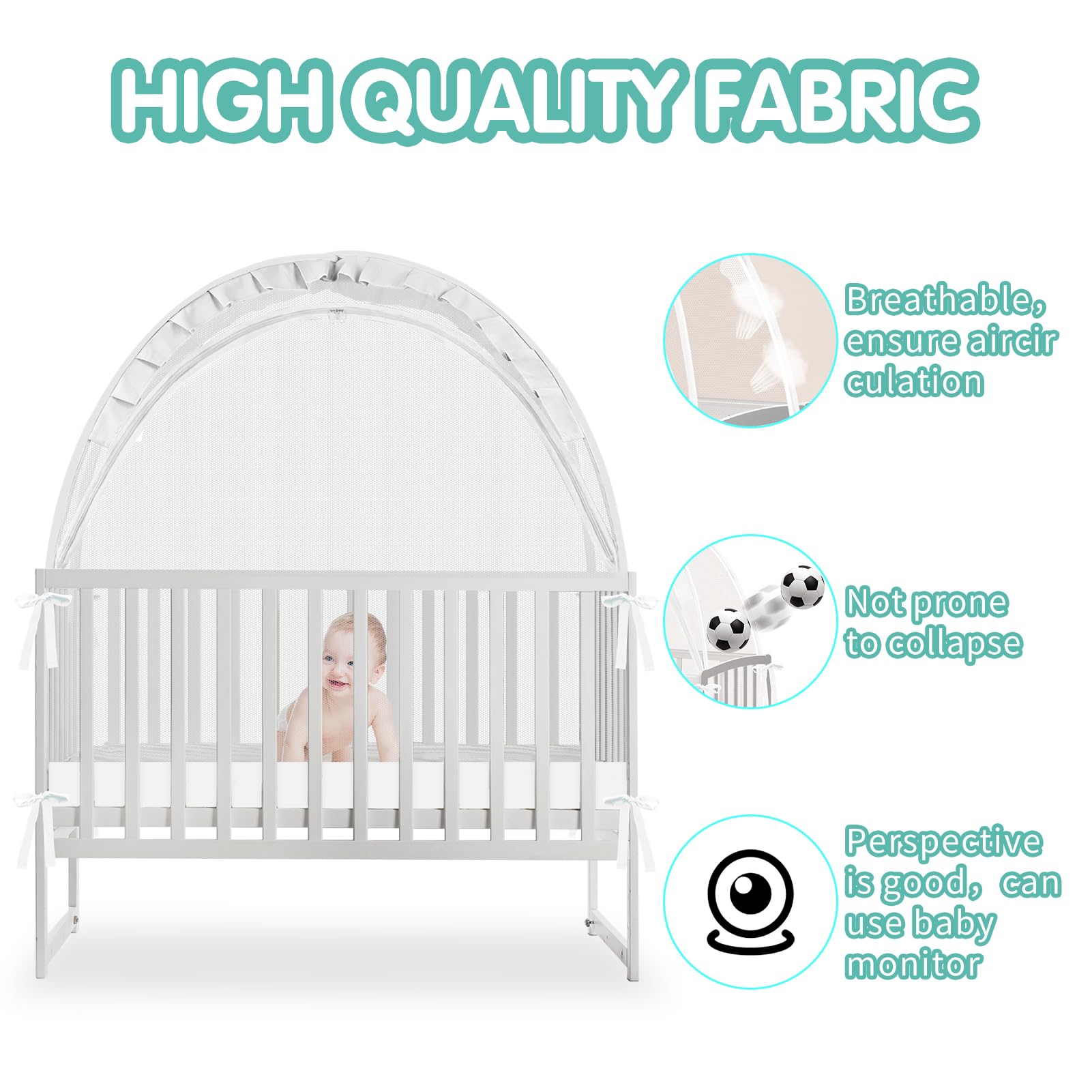 Crib Tent - Crib Net to Keep Baby in, Stop Baby from Climbing Out of Crib, Pop Up Baby Crib Tent with Durable Breathable Net Double Zipper Strong Rods Installation Convenience