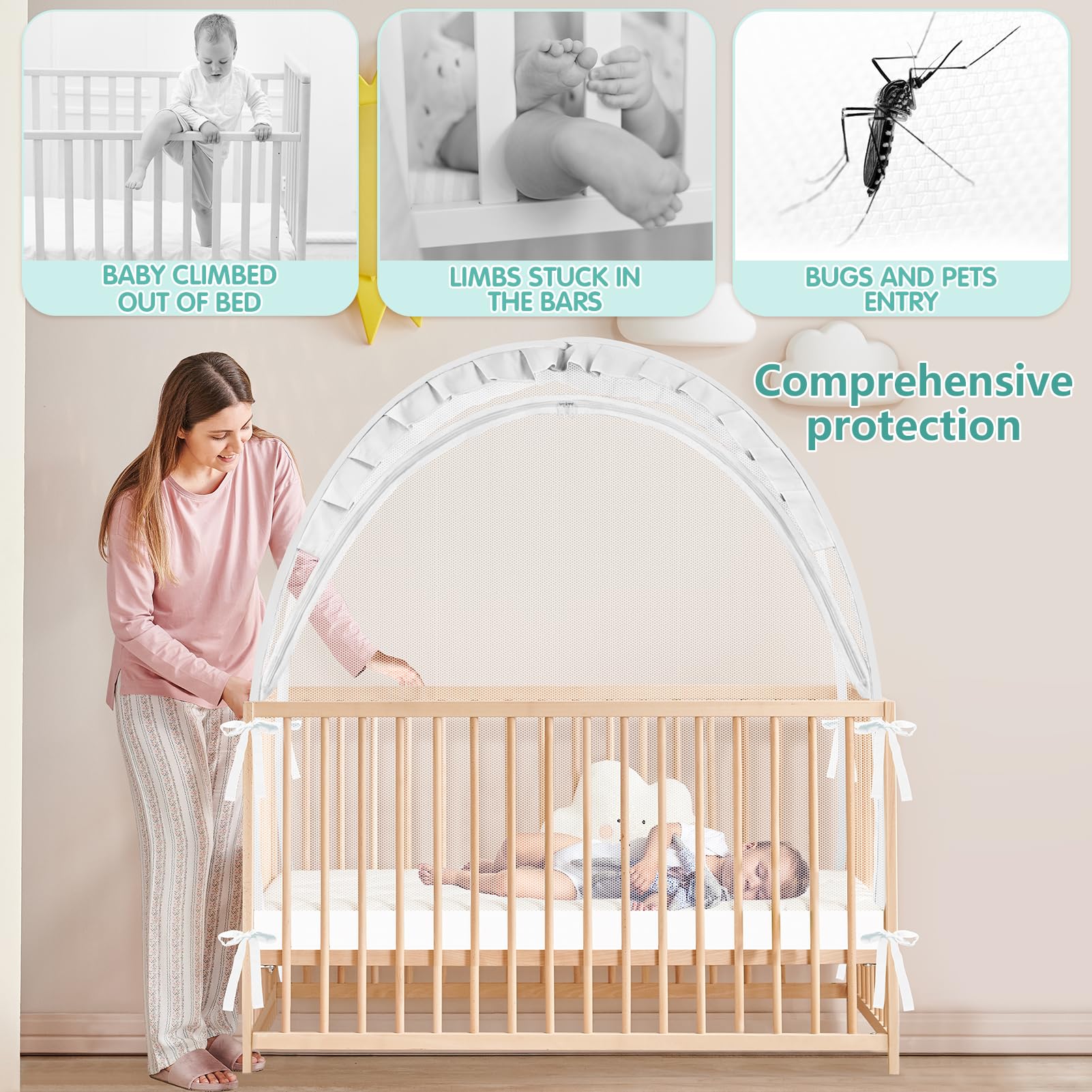 Crib Tent - Crib Net to Keep Baby in, Stop Baby from Climbing Out of Crib, Pop Up Baby Crib Tent with Durable Breathable Net Double Zipper Strong Rods Installation Convenience