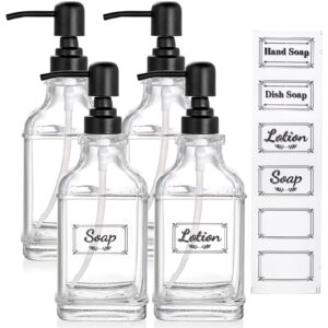 youeon 4 pack 18 oz glass soap dispenser with pump, thick glass hand soap dispenser with rust proof stainless steel pump & clear stickers, refillable soap dispenser set for kitchen, bathroom
