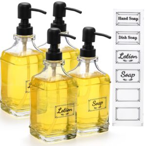 YOUEON 4 Pack 18 Oz Glass Soap Dispenser with Pump, Thick Glass Hand Soap Dispenser with Rust Proof Stainless Steel Pump & Clear Stickers, Refillable Soap Dispenser Set for Kitchen, Bathroom