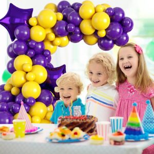 GREMAG Purple and Yellow Balloons, 113 Pcs Dark Purple Yellow Balloon Garland Kit, with Two 18inch Purple Star Foil Balloon, for Basketball Sport Theme Party Birthday Boys Anniversary Decorations