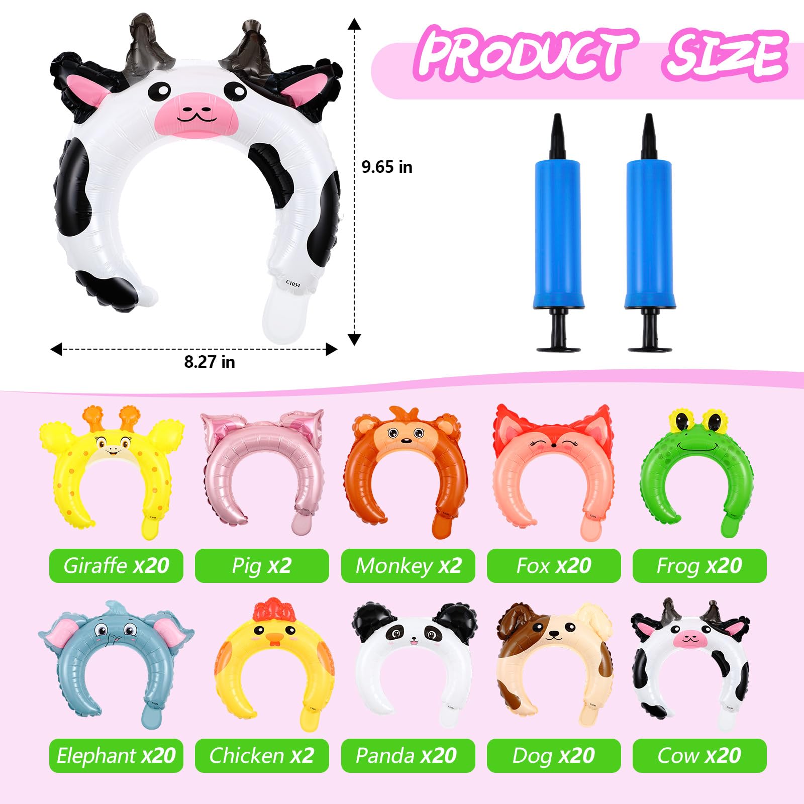 Liliful 200 Pcs Zoo Animal Inflatable Headbands Unicorn Wildlife Safari Balloon Hair Hoop Unicorn Balloon Kit with Pump Inflatable Jungle Animals for Birthday Party Favors Decorations (Cute Animal)