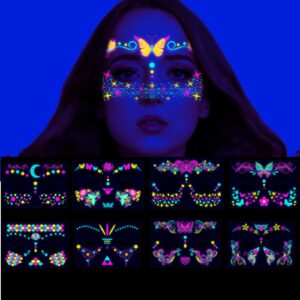 glow in the dark tattoos for adults, blacklight neon glow temporary tattoos makeup butterfly tattoos stickers for halloween glow in the dark party supplies