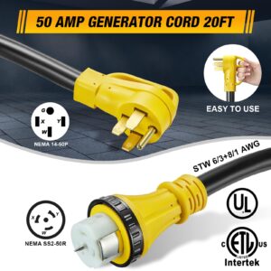 This Hill 50 Amp Generator Cord with Inlet Box, 20FT RV Extension Cord Heavy Duty STW 6/3+8/1 AWG, 125V/250V NEMA14-50P/SS2-50R Generator Extension Cord for Generator to House,Twist Lock Connector