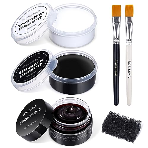 BOBISUKA Black & White Oil Face Body Paint + Coagulated Fake Blood Gel Set, Large Capacity Professional Paint Palette Kit for Art Theater Halloween Party Cosplay Clown Sfx Makeup for Adults