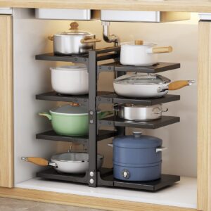 Kswoicykley Pots and Pans Organizer for Cabinet Storage, Adjustable 8-Tier Heavy-Duty Pot Rack for Kitchen Organization, Pot Lid and Pan Holder, Space-Saving Kitchen Cabinet Organizer Rack (8 tiers)