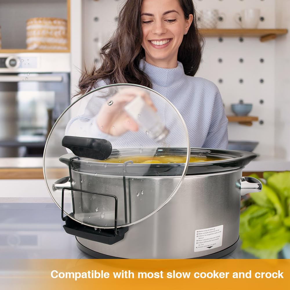 SOPHICO Slow Cooker Lid Holder for Cooking, Hand Free Pot Lid Organizer Fits Most Slow Cookers, Stainless Steel Pot Lid Rack with Silicone Sink Keeps Countertop No Mess (Black, 2 Pack)