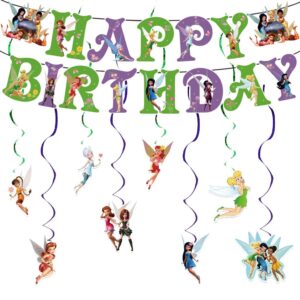 fairy birthday decorations cartoon party decorations banner and hanging swirls for kid, boys and girls happy birthday fairy party supplies.