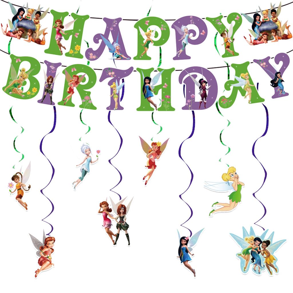 Fairy Birthday Decorations Cartoon Party Decorations Banner and Hanging Swirls for Kid, Boys and Girls Happy Birthday Fairy Party Supplies.