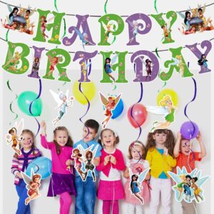 Fairy Birthday Decorations Cartoon Party Decorations Banner and Hanging Swirls for Kid, Boys and Girls Happy Birthday Fairy Party Supplies.