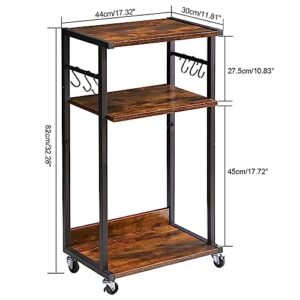 YMYNY Mobile Printer Stand, 3-Tier Printer Cart with Adjustable Storage Shelf and 6 S-Hooks, Tall Printer Table for Home Office, for Computer Tower Stand, Shredder, CPU Stand, Rustic Brown, UHPT002H