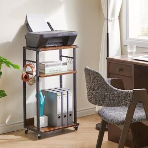 YMYNY Mobile Printer Stand, 3-Tier Printer Cart with Adjustable Storage Shelf and 6 S-Hooks, Tall Printer Table for Home Office, for Computer Tower Stand, Shredder, CPU Stand, Rustic Brown, UHPT002H