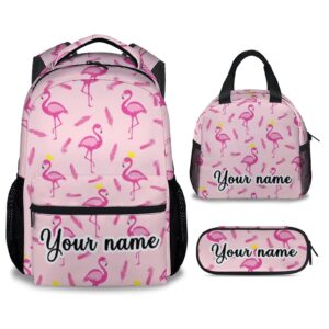 coopasia personalized flamingo backpack with lunch box - set of 3 school backpacks matching combo - cute pink bookbag and pencil case bundle