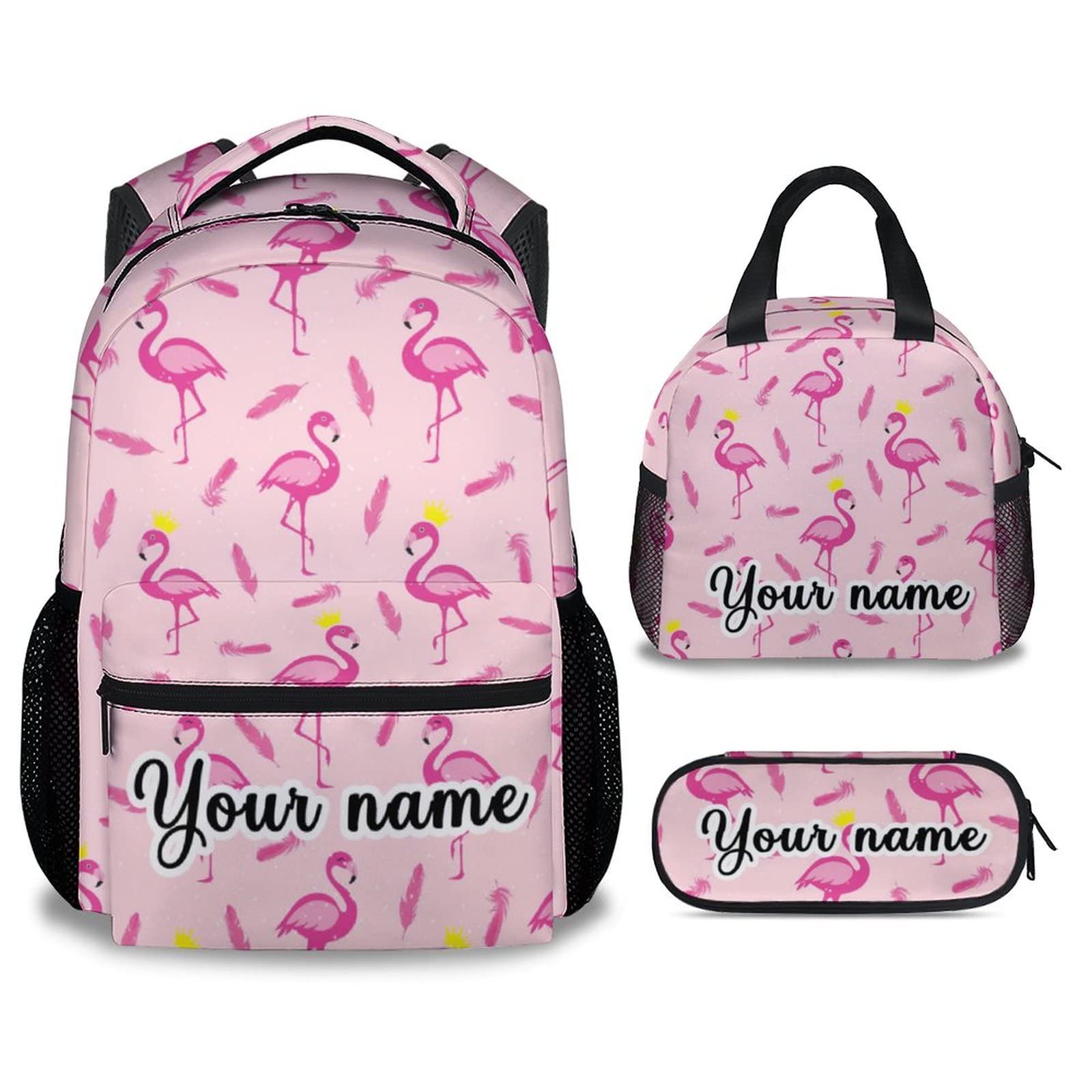 COOPASIA Personalized Flamingo Backpack with Lunch Box - Set of 3 School Backpacks Matching Combo - Cute Pink Bookbag and Pencil Case Bundle