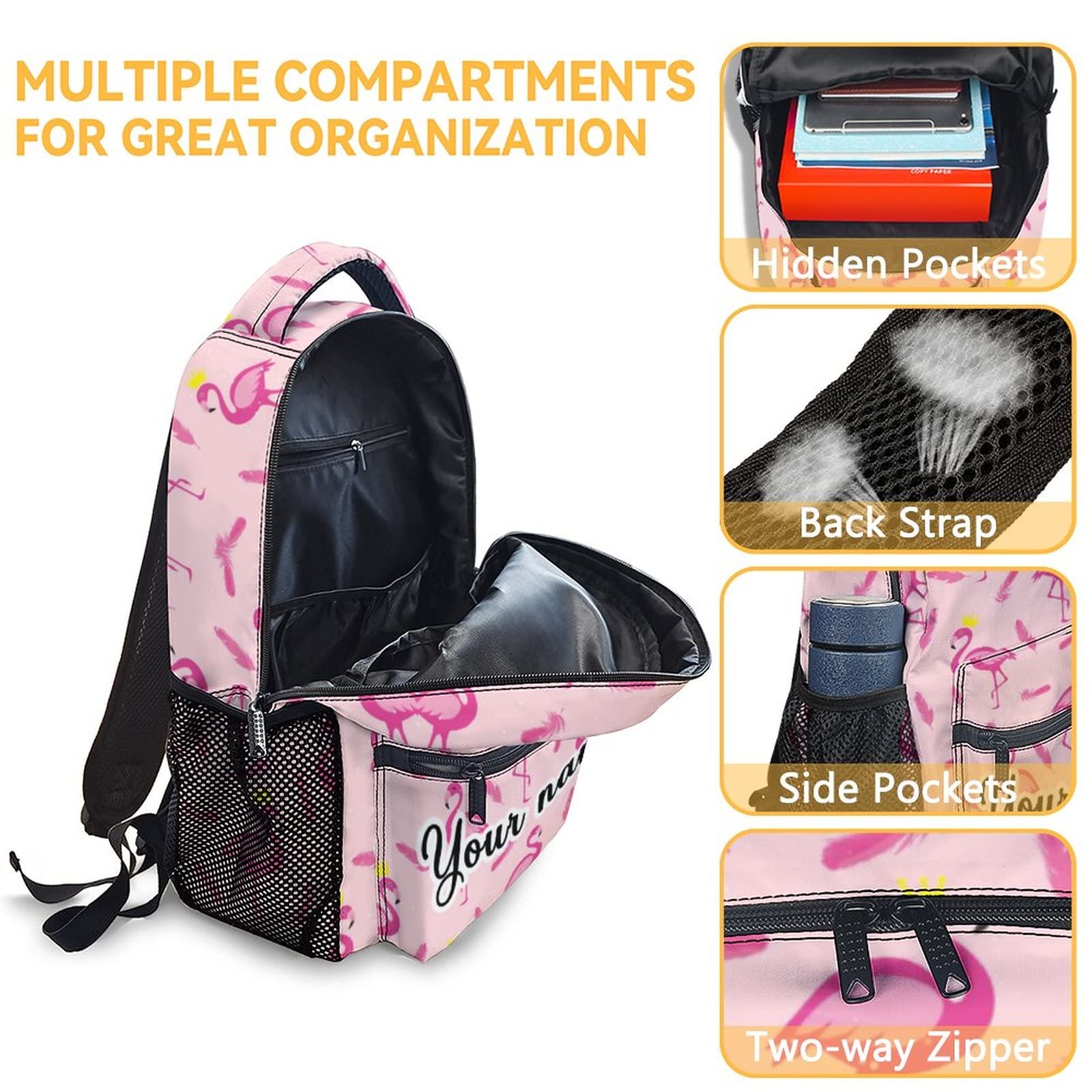 COOPASIA Personalized Flamingo Backpack with Lunch Box - Set of 3 School Backpacks Matching Combo - Cute Pink Bookbag and Pencil Case Bundle