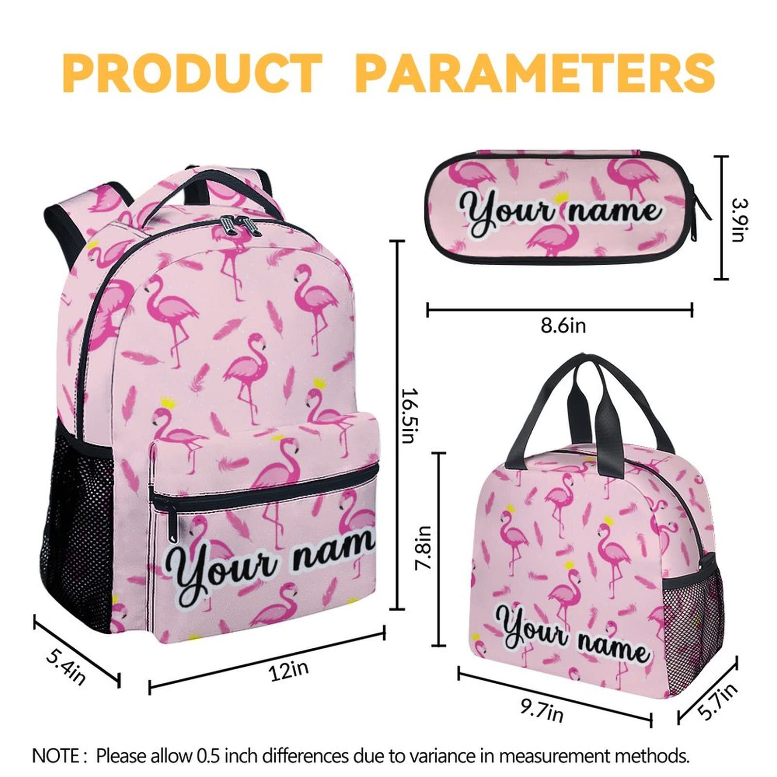 COOPASIA Personalized Flamingo Backpack with Lunch Box - Set of 3 School Backpacks Matching Combo - Cute Pink Bookbag and Pencil Case Bundle