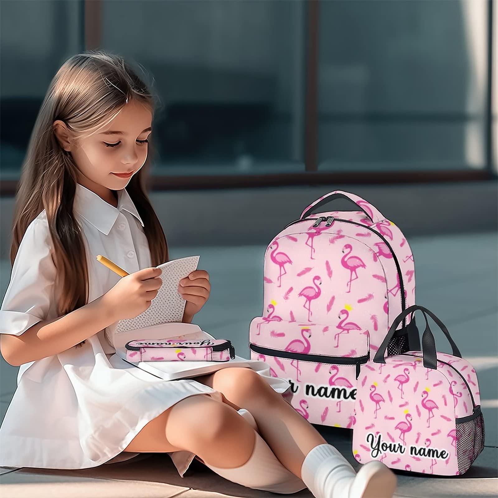 COOPASIA Personalized Flamingo Backpack with Lunch Box - Set of 3 School Backpacks Matching Combo - Cute Pink Bookbag and Pencil Case Bundle