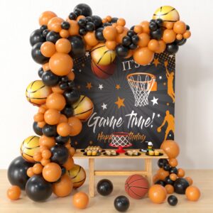 hyowchi basketball party decorations - 132 pcs basketball party supplies balloon garland arch kit, black orange latex balloon arch for sports basketball baby shower birthday party decorations