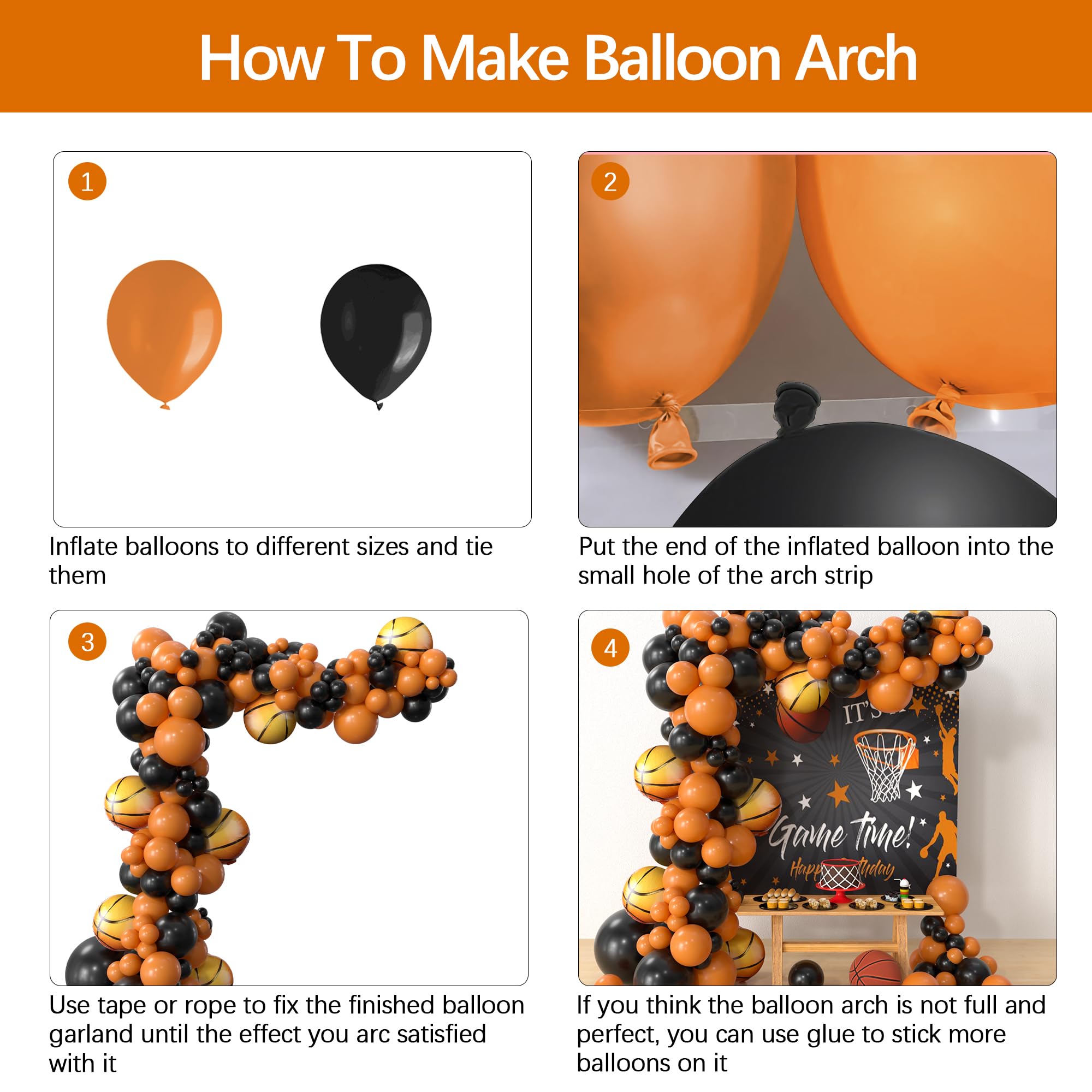 HYOWCHI Basketball Party Decorations - 132 Pcs Basketball Party Supplies Balloon Garland Arch Kit, Black Orange Latex Balloon Arch For Sports Basketball Baby Shower Birthday Party Decorations
