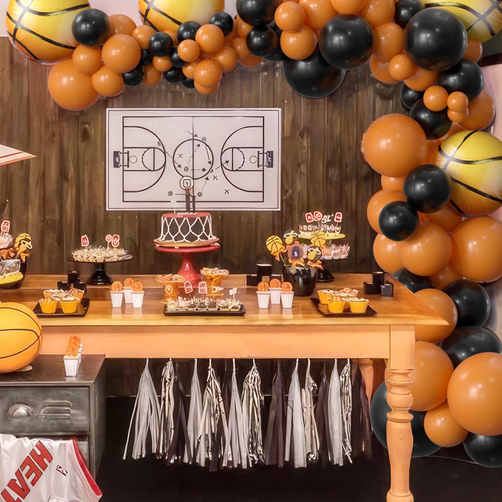 HYOWCHI Basketball Party Decorations - 132 Pcs Basketball Party Supplies Balloon Garland Arch Kit, Black Orange Latex Balloon Arch For Sports Basketball Baby Shower Birthday Party Decorations