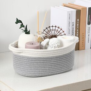 4 Pack Small Woven Basket with Handles, Cotton Rope Room Shelf Storage Basket, Cute Baby Gift Basket for Nursery, Bedroom - Cat Dog Toys Basket, Empty Decorative Gift Chest Box, All 12"x 8"x 5",Grey