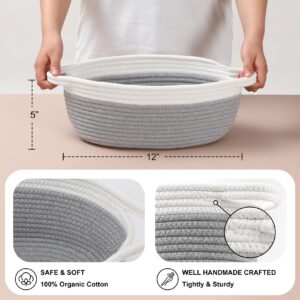 4 Pack Small Woven Basket with Handles, Cotton Rope Room Shelf Storage Basket, Cute Baby Gift Basket for Nursery, Bedroom - Cat Dog Toys Basket, Empty Decorative Gift Chest Box, All 12"x 8"x 5",Grey