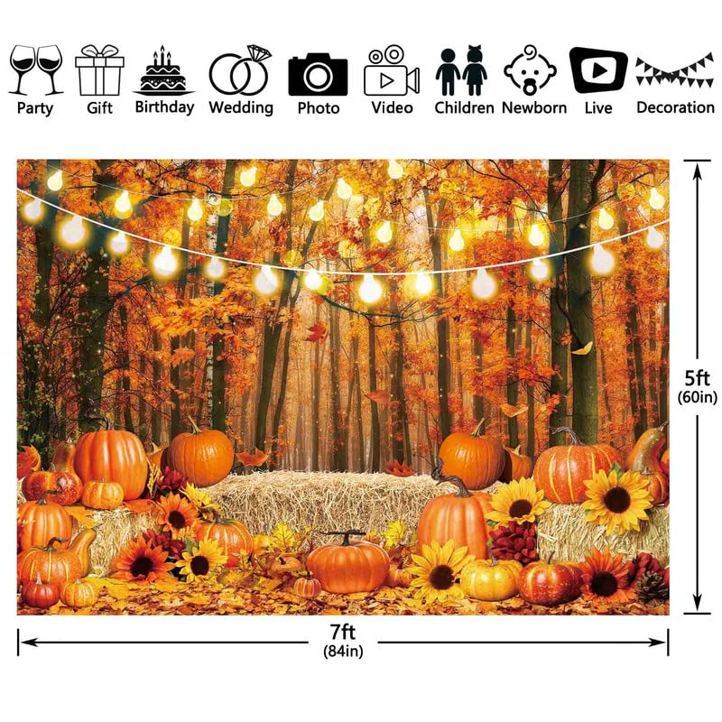 YCUCUEI 7x5ft Fall Forest Photography Backdrop Woodland Pumpkin Landscape Maple Leaves Barn Haystack Background Thanksgiving Party Decoration Harvest Photo Booth