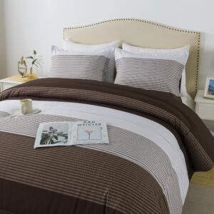 andency stripe comforter set queen size (90x90 inch), 3 pieces brown patchwork striped comforter, soft microfiber down alternative comforter bedding set with corner loops