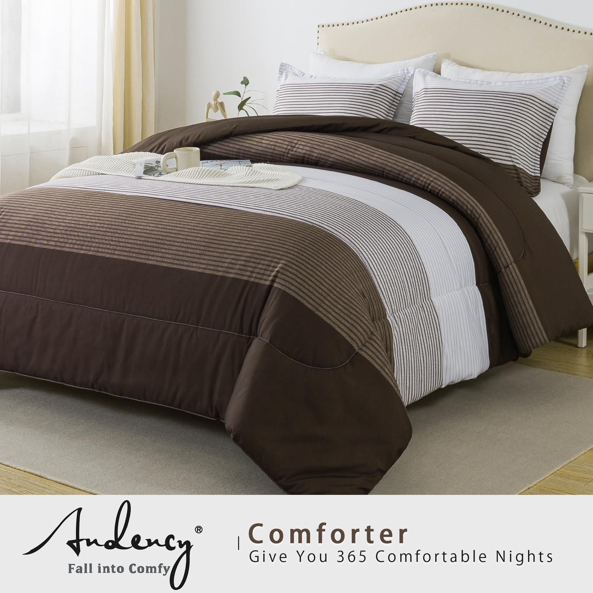 Andency Stripe Comforter Set Queen Size (90x90 Inch), 3 Pieces Brown Patchwork Striped Comforter, Soft Microfiber Down Alternative Comforter Bedding Set with Corner Loops