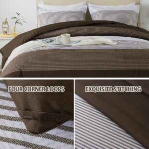 Andency Stripe Comforter Set Queen Size (90x90 Inch), 3 Pieces Brown Patchwork Striped Comforter, Soft Microfiber Down Alternative Comforter Bedding Set with Corner Loops