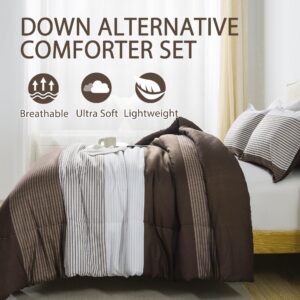 Andency Stripe Comforter Set Queen Size (90x90 Inch), 3 Pieces Brown Patchwork Striped Comforter, Soft Microfiber Down Alternative Comforter Bedding Set with Corner Loops