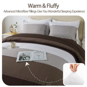 Andency Stripe Comforter Set Queen Size (90x90 Inch), 3 Pieces Brown Patchwork Striped Comforter, Soft Microfiber Down Alternative Comforter Bedding Set with Corner Loops