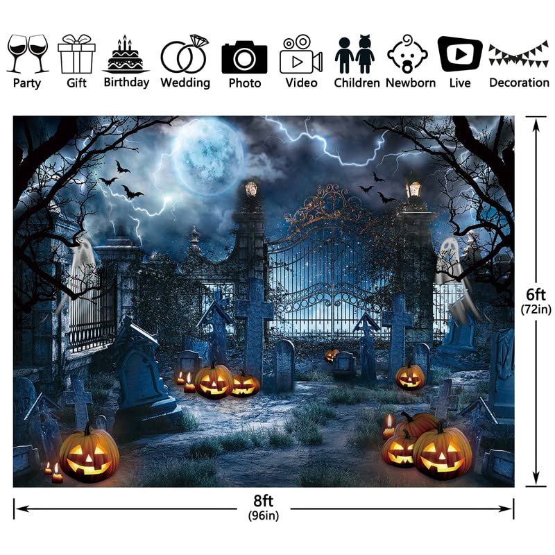 Swepuck 8x6ft Halloween Haunted Graveyard Photography Backdrop Pumpkin Lantern Spooky Night Moon Background Kids Ghost Party Decorations Banner Photo Booth