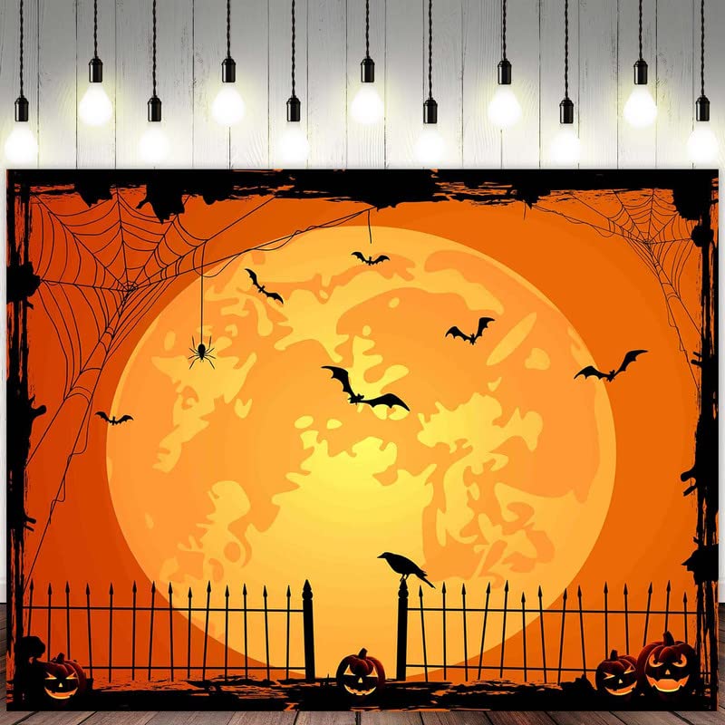 Swepuck 10x8ft Orange Halloween Photo Backdrop for Parties Large Pumpkin Patch Moon Picture Photography Background Kids Witch Haunted House Decorations Banner