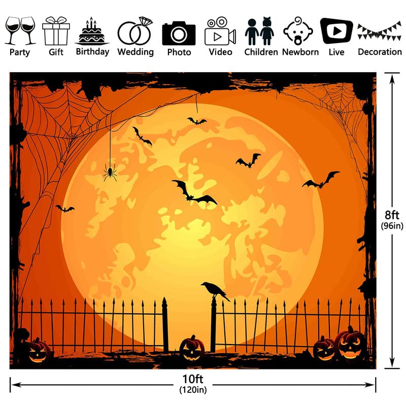 Swepuck 10x8ft Orange Halloween Photo Backdrop for Parties Large Pumpkin Patch Moon Picture Photography Background Kids Witch Haunted House Decorations Banner