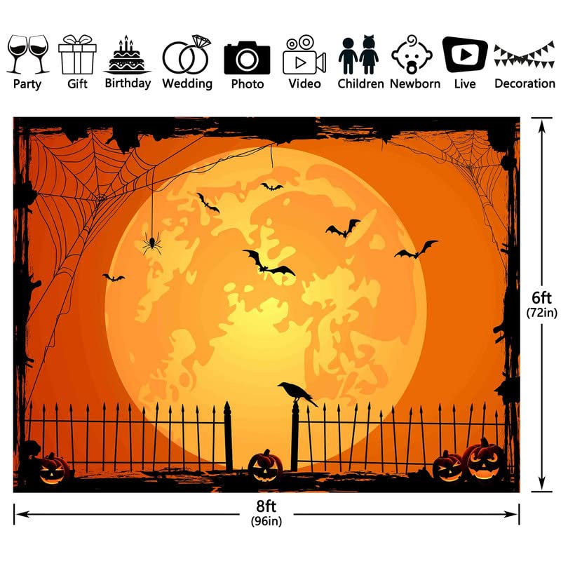Swepuck 8x6ft Orange Halloween Photo Backdrop for Parties Large Pumpkin Patch Moon Picture Photography Background Kids Witch Haunted House Decorations Banner